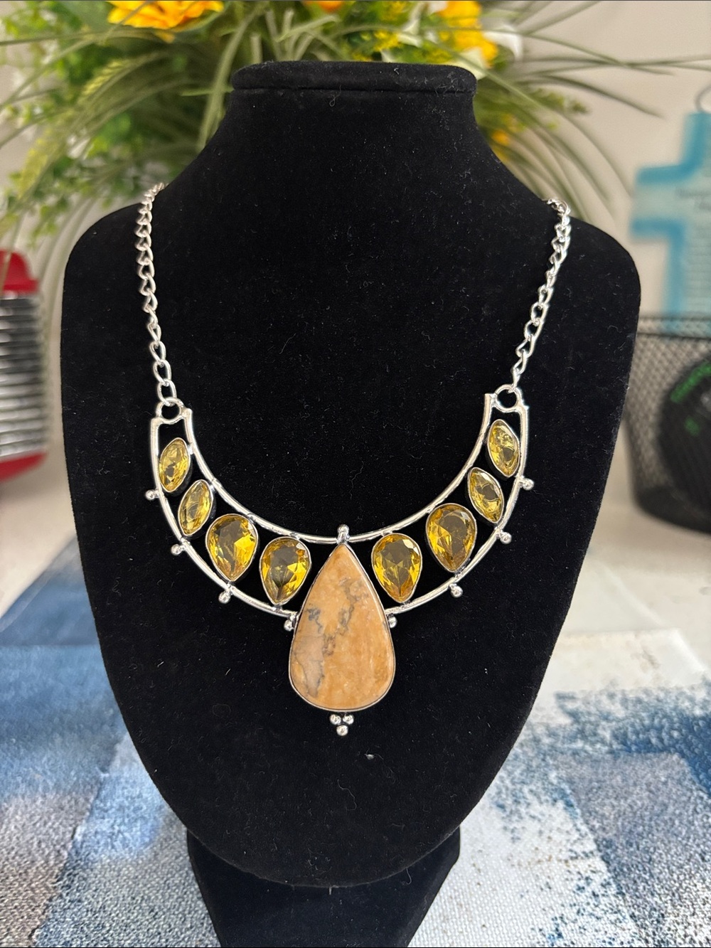 Sterling Silver Dendrite Opal Citrine Gemstone Necklace.